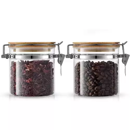 JoyJolt Glass Jars With Bamboo Lids (19 fl oz). 2PC Set of Airtight Storage Jars with Clamp Lids for Pantry Food Storage. Air Tight Sealable Glass Canisters Containers for Kitchen Organization