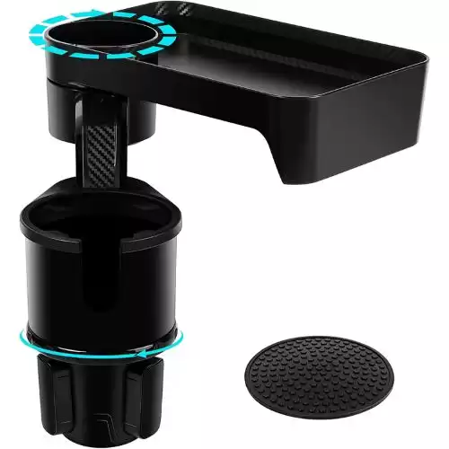 Car Cup Holder Expander Tray, POBOMVOM Multifunctional Automotive Cup Attachable Tray with 360°Rotation Detachable Tray Table Adjustable Base, Adapt 16-32oz Cup/Bottles/Drink