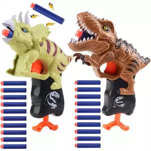 Happitry Dinosaur Blaster Gun Toys for Boys 3 4 5 6 Year Old, Small Dino Foam Guns for Toddlers Age 3-5, Cool Toddler Toy Gun Gifts for Little Kids Birthday or Christmas, 2 Pack T-rex & Triceratop