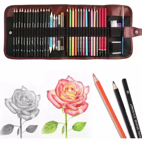 Heshengping, Sketching Pencil Set Drawing Pen Charcoal Sketch Kit Cover Graphite Pencils Charcoal Pencils Watercolor Pencils Paper Erasable Pen Beginners Artist Children and Adults(39pcs Art Supplies)