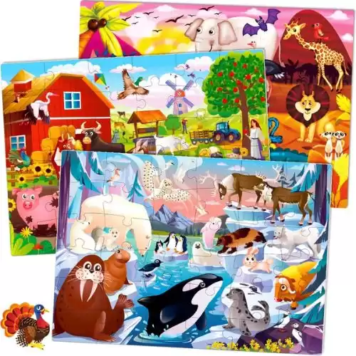 Toddler Jigsaw Puzzles for Kids Ages 3-5 - 3 x 36 Pieces Floor Puzzles for 4-8 by QUOKKA - Supplied with 12 Toy 3D Figures Learning Farm Animals - Educational Gift Game for Boy and Girl 2-4-6 Year Old