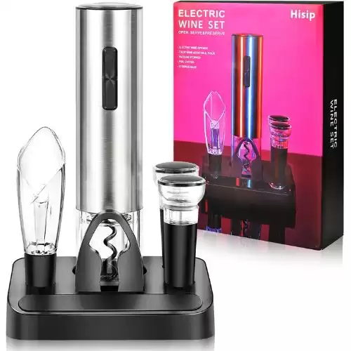 Hisip Electric Wine Opener Set, Type C Rechargeable Corkscrew Wine Bottle Opener with Storage Base Wine Aerator Pourer Foil Cutter, 2 Vacuum Wine Stoppers for Wine Lover Christmas Gift Set