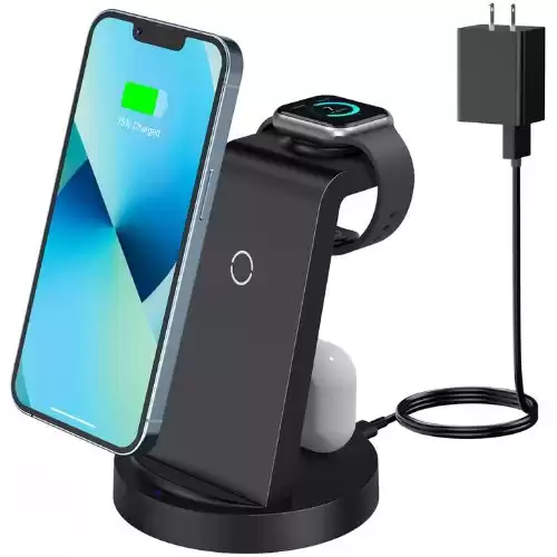 Wireless Charging Station, 3 in 1 Wireless Charger Compatible with iPhone 13 Pro/13/12/11/Pro/SE/XS/XR/X/8 Plus/8, Fast Wireless Charging Stand Dock for Apple Watch Series & Airpods(with Adapter)