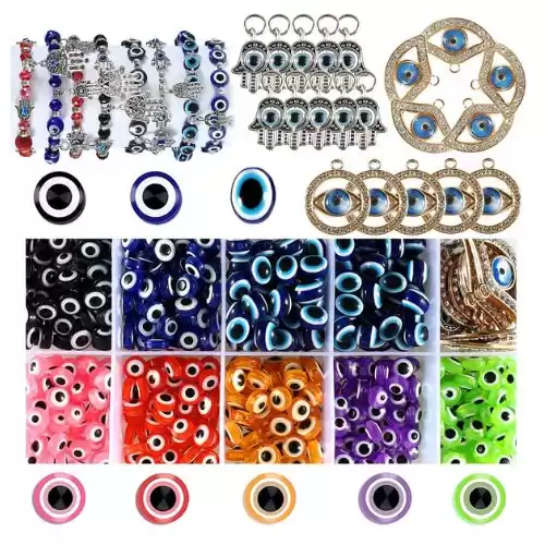 520 Pieces Evil Eye Beads Set,400pcs 8mm Flat Evil Eye Beads 100pcs Easter Round Evil Eye Beads and 20 Hamsa Hand Evil Eye Charms,DIY Evil Eye Beads for Jewelry Earring Making Kit