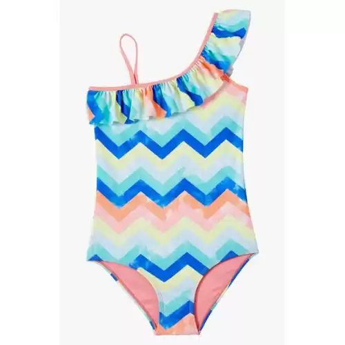 KENSIE Flutter Front Chevron Stripe Print One-Piece Swimsuit