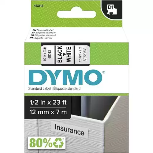 DYMO 45013 Standard Self-Adhesive Labeling Tape, Polyester Coated, 23' L x 1/2