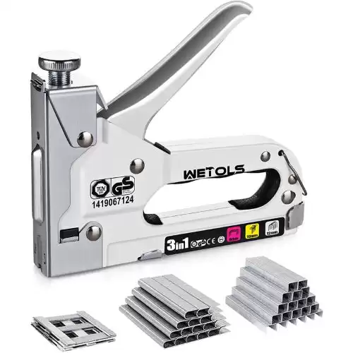 WETOLS Staple Gun, Heavy Duty Staple Gun, 3 in 1 Manual Nail Gun with 2400 Staples(D, U and T-Type), for Upholstery, Material Repair, Carpentry, Decoration, Furniture, DIY - DY808