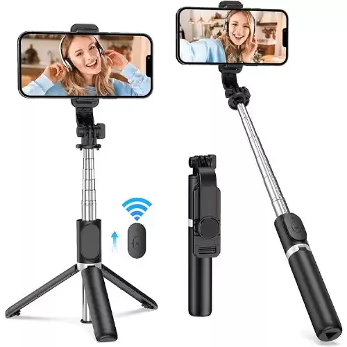 JiaSiFu Portable Selfie Stick, Handheld Tripod with Detachable Wireless Remote and Mini Tripod Stand Selfie Stick for iPhone 13, 12, 11, XR, X, 8, 7, Pro, Max, Plus, SE, Android Phone