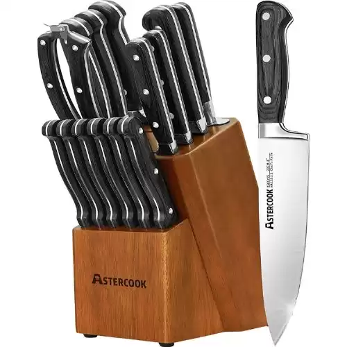 Knife Set, 15 Pcs Kitchen Knife Set With Block, Astercook German Stainless Steel With Scissors, Knife Sharpener and 6 Serrated Steak Knives