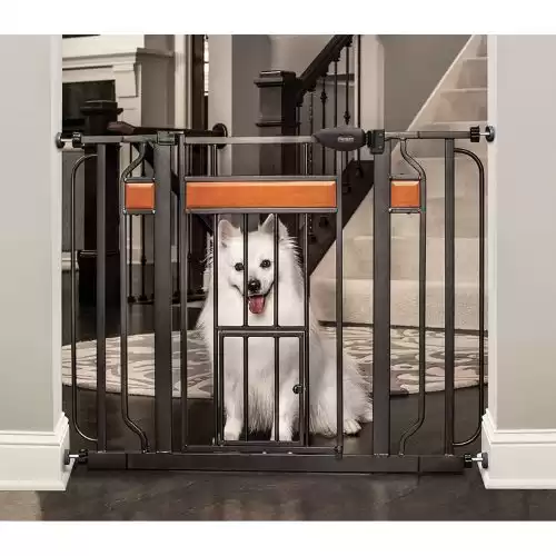 Carlson Home Design Extra Wide Walk Thru Pet Gate with Small Pet Door, Includes Décor Hardwood, 4-Inch Extension Kit, Pressure Mount Kit and Wall Mount Kit