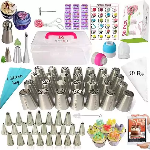 90PCs Russian Piping Tips Complete Set-Cake Piping Bags and Tips Set,Cookie,Cupcake& Cake Decorating Kit Baking Supplies-Cake Frosting Tools,28 Russian Tips,24 Icing Tips,Leaf&Ball Tips,31 Pas...