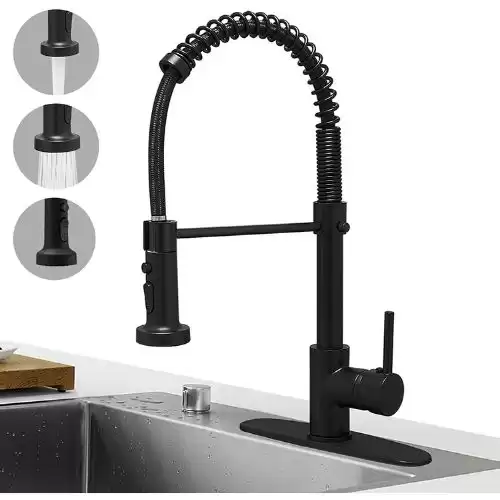 Hoimpro Matte Black Spring Kitchen Faucet with Pull Down Sprayer, Rv Black Kitchen Sink Faucet with Pull Out Sprayer,3 Function Single Handle Laundry Faucet with Cover Plate,Brass(Single or 3 Hole)