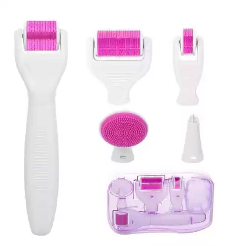 ($99.95 Value) Beautimate 6-in-1 Microneedle Face Derma Roller Set & Stamp w/ Travel Case, Purple