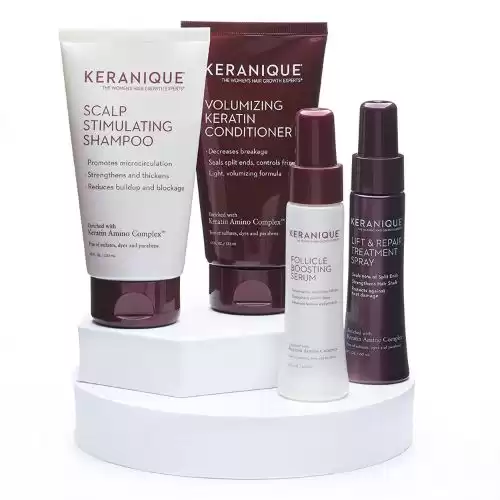 Volumizing Hair Growth System by Keranique includes Keratin Shampoo, Conditioner, Follicle Boosting Hair Growth Serum and Instant Volume Lift and Repair Treatment Spray Paraben Sulfate Free