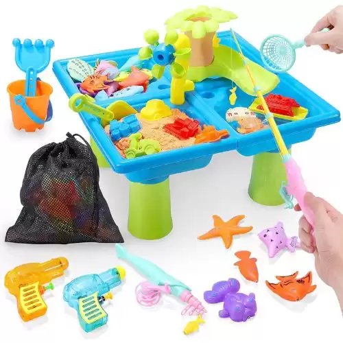 Hikoshi 2-in-1 Water Table for Toddlers 1-3 with Rain Showers Splash Pond, Summer Beach Toy Set for Kids Age 3-5, Sandbox Sensory Table with Magnetic Fishing Game Set 32-Pc