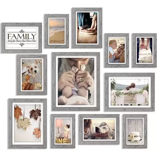 Picture Frames Set for Wall Decor- 12 Pack Family Photo Frames for Wall White Grey Including One 8x10 / Four 5x7 / Five 4x6 / Two 6x8 Inch