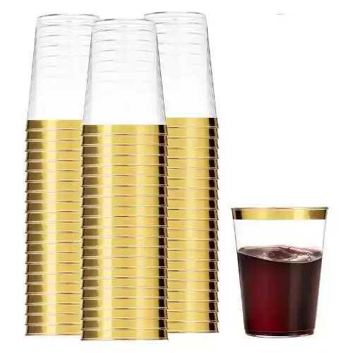 100 Gold Plastic Cups 12 Oz Clear Plastic Cups Tumblers Gold Rimmed Cups Fancy Disposable Wedding Cups Elegant Party Cups with Gold Rim