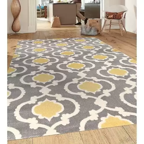 Rugshop Moroccan Trellis Contemporary Perfect for high Traffic Areas of Your Living Room,Bedroom,Home Office,Kitchen Easy Cleaning Area Rug Gray/Yellow 5'3