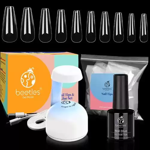 Beetles Nail Tips and Glue Gel Nail Kit, 2 In 1 Nail Gel and Base Gel with 500Pcs Coffin Nails and Innovative UV LED Lamp Easy DIY Nail Art Fast Nail Extension Set Acrylic Nail Kit