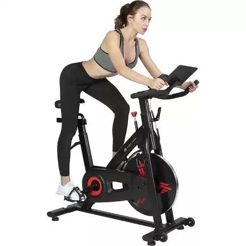 Finer Form Indoor Exercise Bike with 35 Lb Flywheel Belt-Driven Stationary Bike - Tablet iPad Holder, LCD Monitor, Cadence Reading, and SPD Compatible Pedals