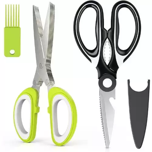 Kitchen Shears Herb Scissors Set - Including a Heavy Duty Multi Function Kitchen Scissors and a 5-Blade Herb Shears with Cleaning Comb Cover