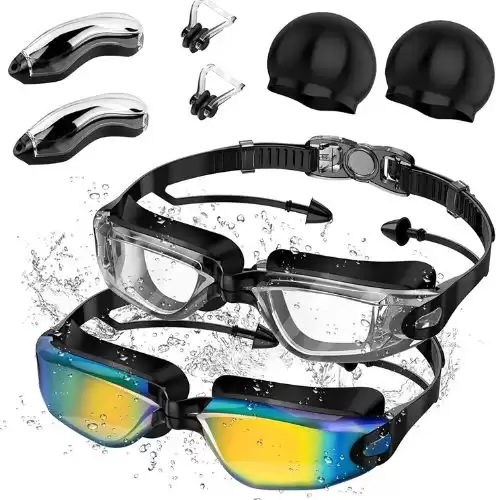 Swimming Goggles connected to earplug+Nose Clips+Elastic swimming Caps Swimming Goggles Full Protection Adult Men Women Youth