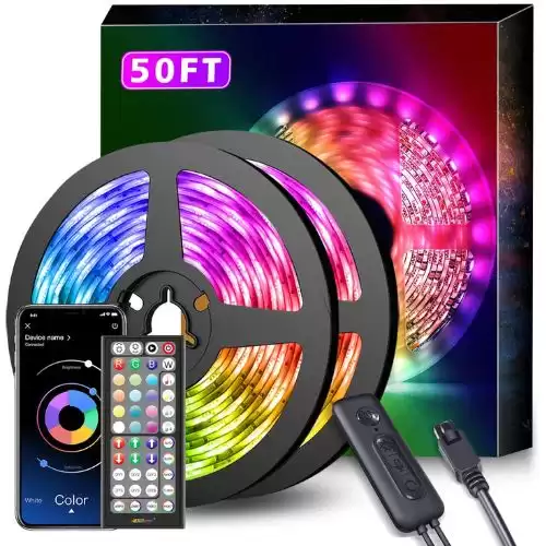 50Ft LED Strip Lights Music Sync Color Changing RGB LED Strip 44-Key Remote, Sensitive Built-in Mic, App Controlled LED Lights Rope Lights, 5050 RGB LED Light Strip(APP+Remote+Mic+3 Button Switch)