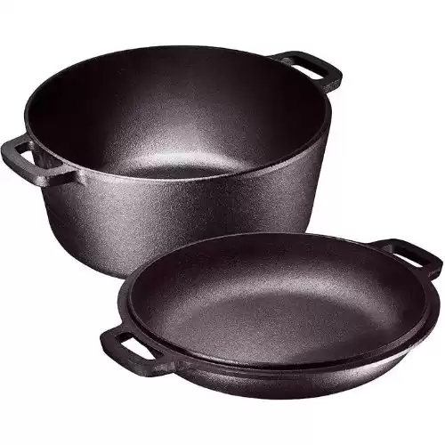 Bruntmor Pre-Seasoned 2 In 1 Cast Iron Pan 5 Quart Double Dutch Oven Set and Domed 10 inch 1.6 Quart Skillet Lid, Open Fire Stovetop Camping Dutch Oven, Non-Stick