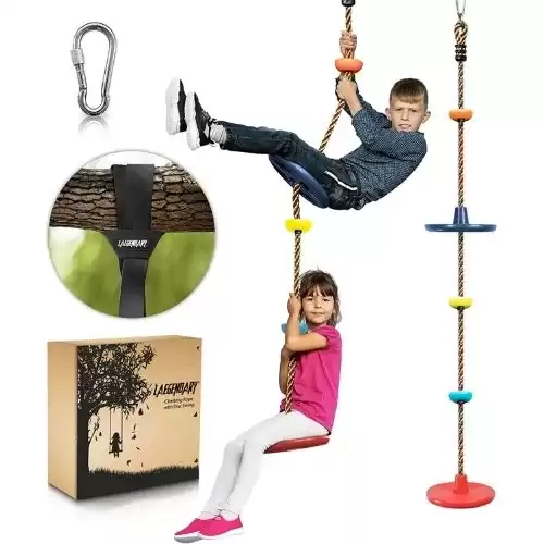 LAEGENDARY Tree Swing for Kids - Double Disk Outdoor Climbing Rope w/ Platforms, Carabiner & 4 Ft Tree Strap - Playground Accessories - Multicolored