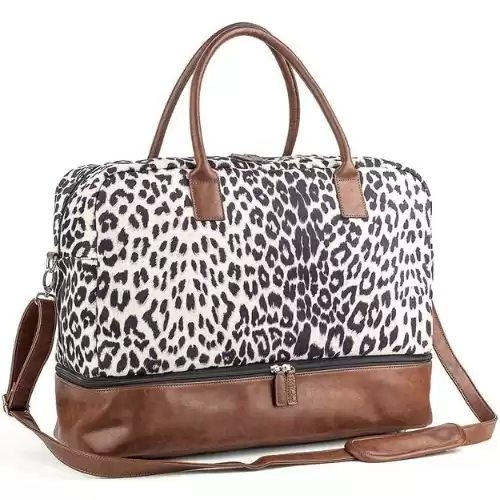 MyMealivos Canvas Weekender Bag, Overnight Travel Carry On Duffel with Shoe Pouch (leopard)