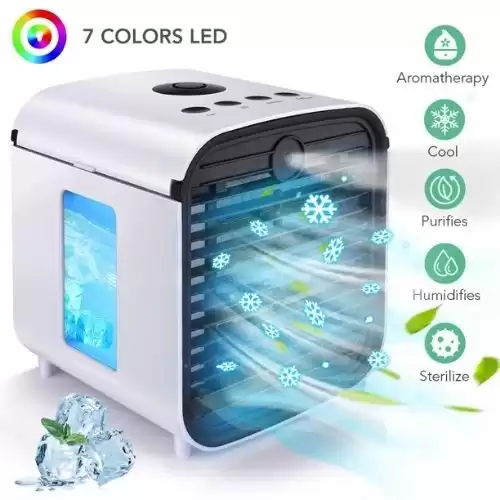 MS.DEAR Mini Portable Air Conditioner, 4-in-1 Evaporative Air Cooler, Personal Air Cooler with 3 Speeds 7 Colors, Air Cooling Fan and Humidifier for Home & Office Desk Outdoors Travel, White