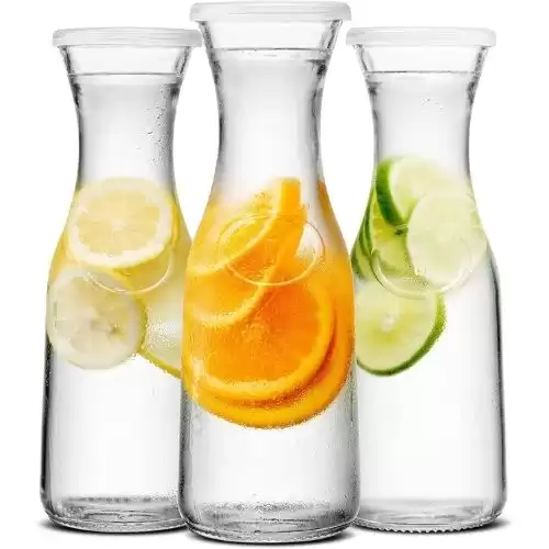 Kook Glass Carafe Pitchers, Beverage Dispensers, Clear Jugs For Mimosa Bar, Water, Wine, Milk and Juice, with Plastic Lids, Dishwasher Safe, 35 oz, Set of 3