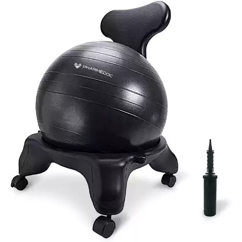 Exercise Ball Chair with Back Support for Home and Office w/Exercise Yoga Balance Ball, Pump, Removable Back & Lockable Wheels - by PharMeDoc