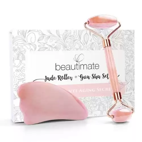 beautimate Rose Quartz Facial Jade Derma Roller & Gua Sha Tool Set