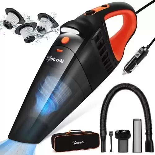 AstroAI Car Vacuum, Portable Vacuum Cleaner with 7500PA/12V High Power, LED Light and 16.5 Ft Cord, Car Cleaning Kit with Three Filters for Deep Cleaning (Orange)