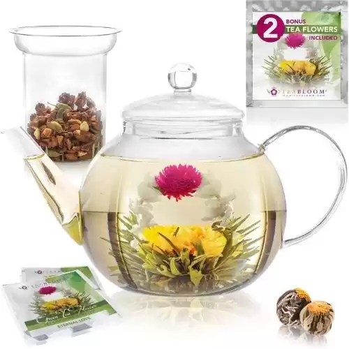 Teabloom Stovetop & Microwave Safe Glass Teapot (40 OZ) with Removable Loose Tea Glass Infuser – Includes 2 Blooming Teas – 2-in-1 Tea Kettle and Tea Maker