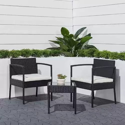 VIFAH V1913 Tierra 3-Piece Classic Outdoor Wicker Coffee Lounger Set, Black