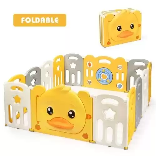 Costway 14-Panel Foldable Baby Playpen Kids Yellow Duck Yard Activity Center with Sound