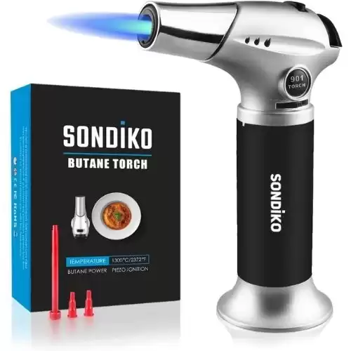 Sondiko Kitchen Torch S901, Blow Torch, Refillable Butane Torch with Safety Lock and Adjustable Flame for DIY, Creme Brulee, BBQ and Baking, Butane Gas Not Included