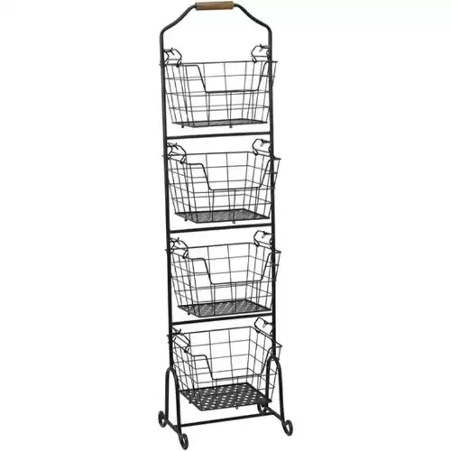 Gourmet Basics by Mikasa Ferme 4-Tier Metal Floor Standing Fruit/Home Storage Market Basket, Antique Black