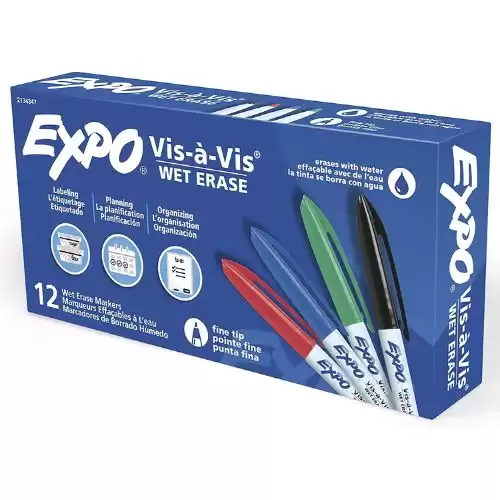 EXPO Vis-à-Vis Wet Erase Markers, Fine Point, Assorted Colors, 12 Count