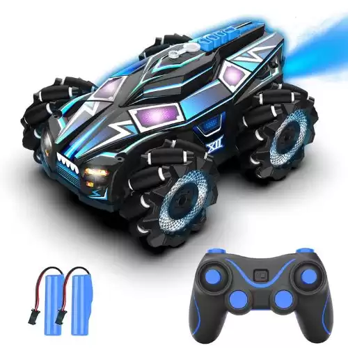 HR Fog Remote Control Car for Kids High Speed LED Light Race RC Car,Rear Fog Stream 4WD 2.4GHz Double Sided Rotating 360Flips Vehicles, Birthday Gifts for Boys and Girls (Blue)