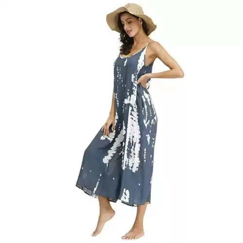 BUENOS NINOS Women's V Neck Floral Maxi Dress Boho Printed Adjustable Spaghetti Strap Ethnic Beach Long Dress with Pockets