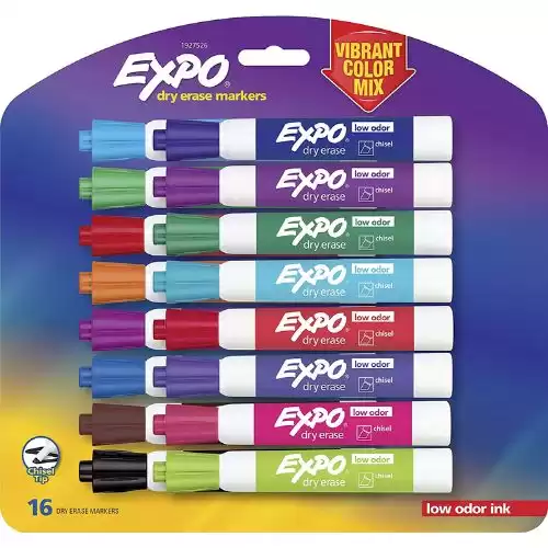 EXPO Low Odor Dry Erase Markers, Chisel Tip, Assorted Colors, 16 Count