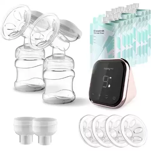 MOMYEASY Double Electric Breast Pump, Portable Rechargeable Breastfeeding Pump with 24mm 27mm Detachable Flanges, Mirror Touch Screen LED Display 9 Speeds 2 Modes with Milk Storage Bags