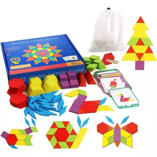 AmazonSet of 155 Wooden Pattern Blocks Geometric Manipulative Shape Puzzle Kindergarten Graphical Classic Educational Montessori Tangram Toys for Kids Ages 3+ Jigsaw Puzzles Gift with 24 Pcs Design Cards