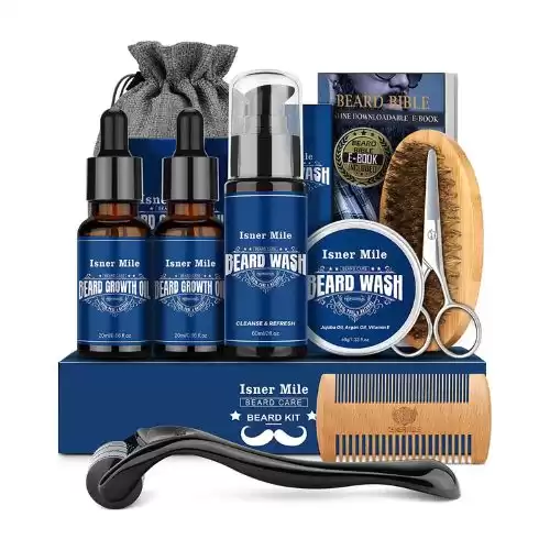 Beard Growth Kit - Beard Kit with Beard Roller, Beard Growth Oil(2 Pack), Beard Wash, Beard Balm, Beard Brush, Comb, Shaving Scissors, Bag, eBook, Birthday Gifts for Fathers Boyfriends Dad Men Him