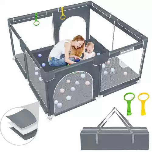 Baby Playpen, Baby Playard, Playpen for Babies with Gate Indoor & Outdoor Kids Activity Center, Newly Upgraded playpen with Thickened Bottom, Play Yard with Soft Breathable Mesh(Grey)