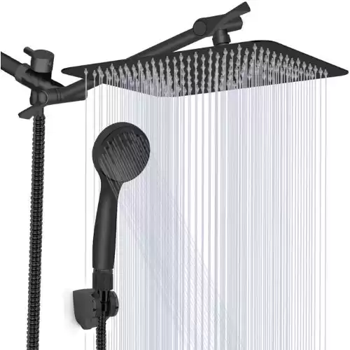 Shower Head, Kaqinu 8'' High Pressure Rainfall Shower Head / Handheld Showerhead Combo with 11” Extension Arm, Anti-leak Shower Head with Holder/ Hose, Flow Regulator - Matt Black