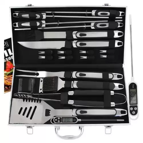 ROMANTICIST 21pc BBQ Grill Accessories Set with Thermometer - The Very Best Grill Gift on Birthday Wedding - Heavy Duty Stainless Steel Grill Utensils with Non-Slip Handle in Aluminum Case